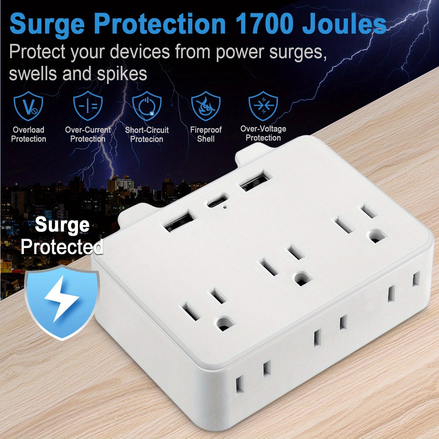 Power Strip with 3 USB Ports (1 USB-C), 6 Outlets