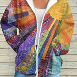Women's Boho Multicolor Sun Art Patchwork Print Zip-Up Hooded Jacket