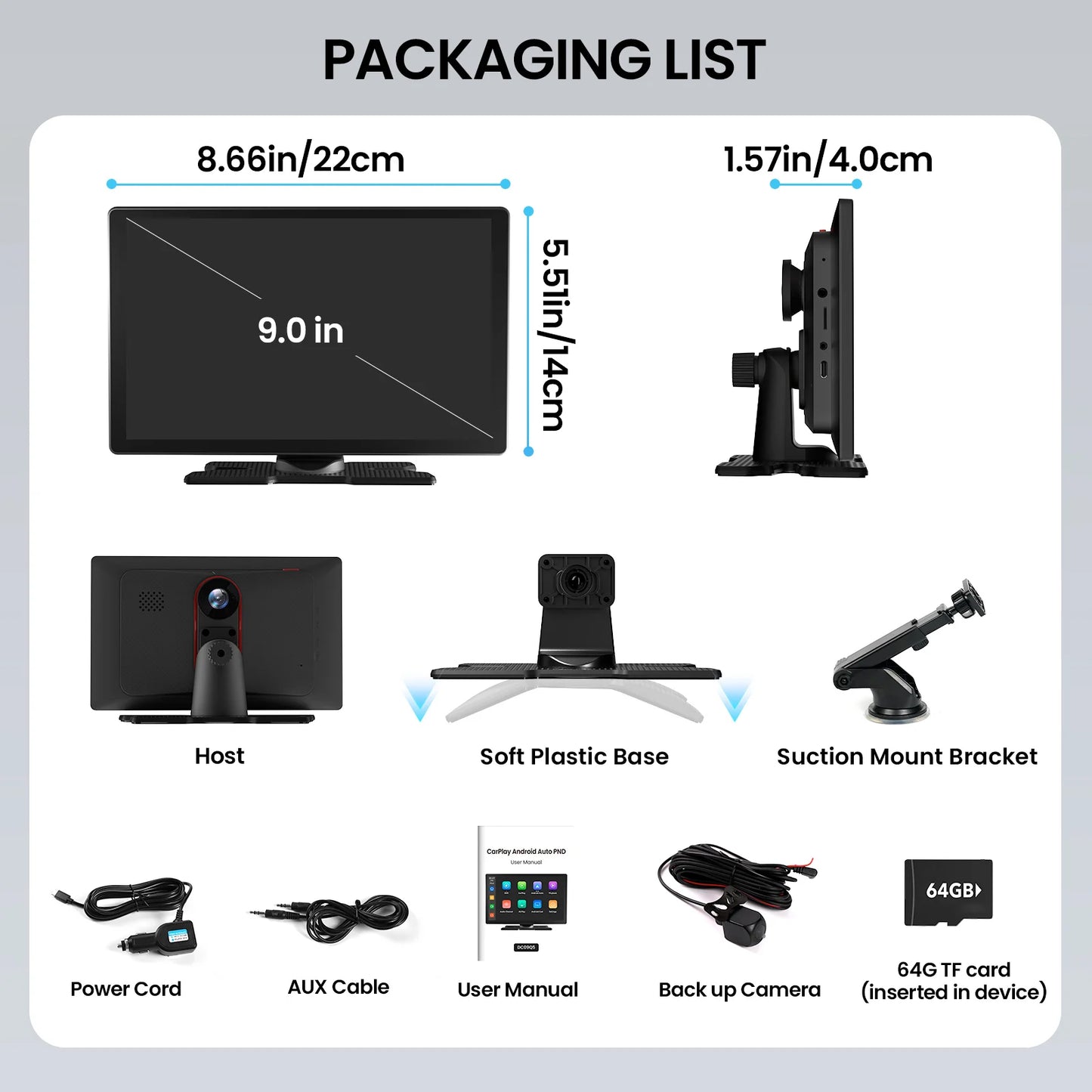 9-inch CarPlay 4K+1080P, 64GB memory