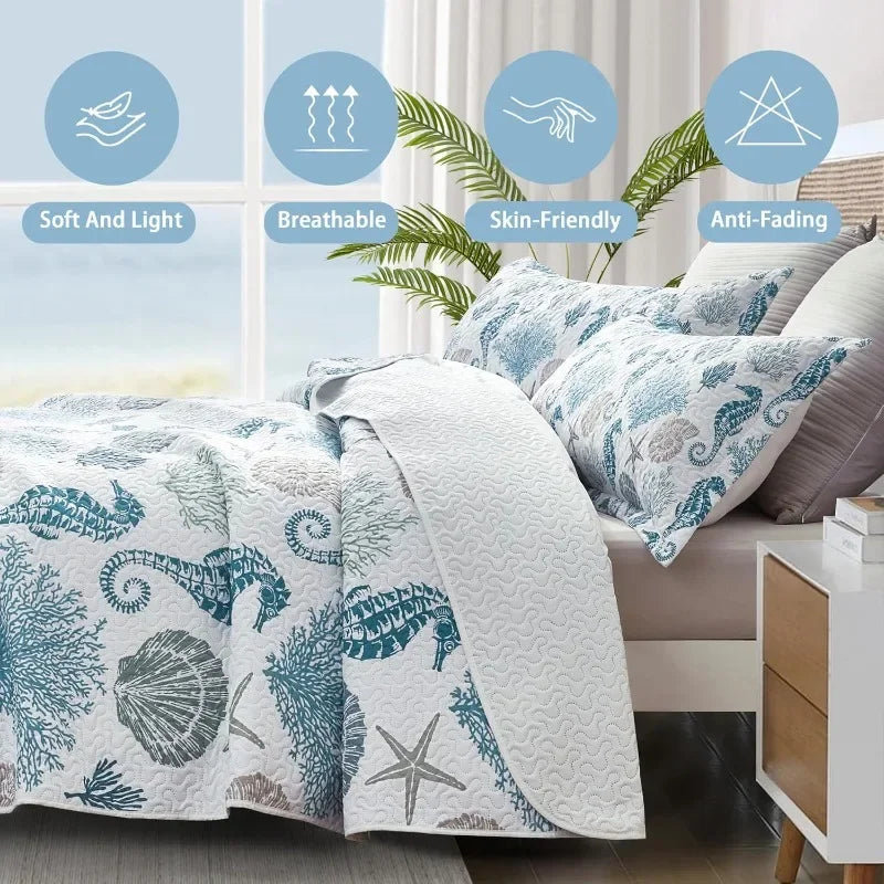 Queen Size Coastal Quilt with 2 Shams