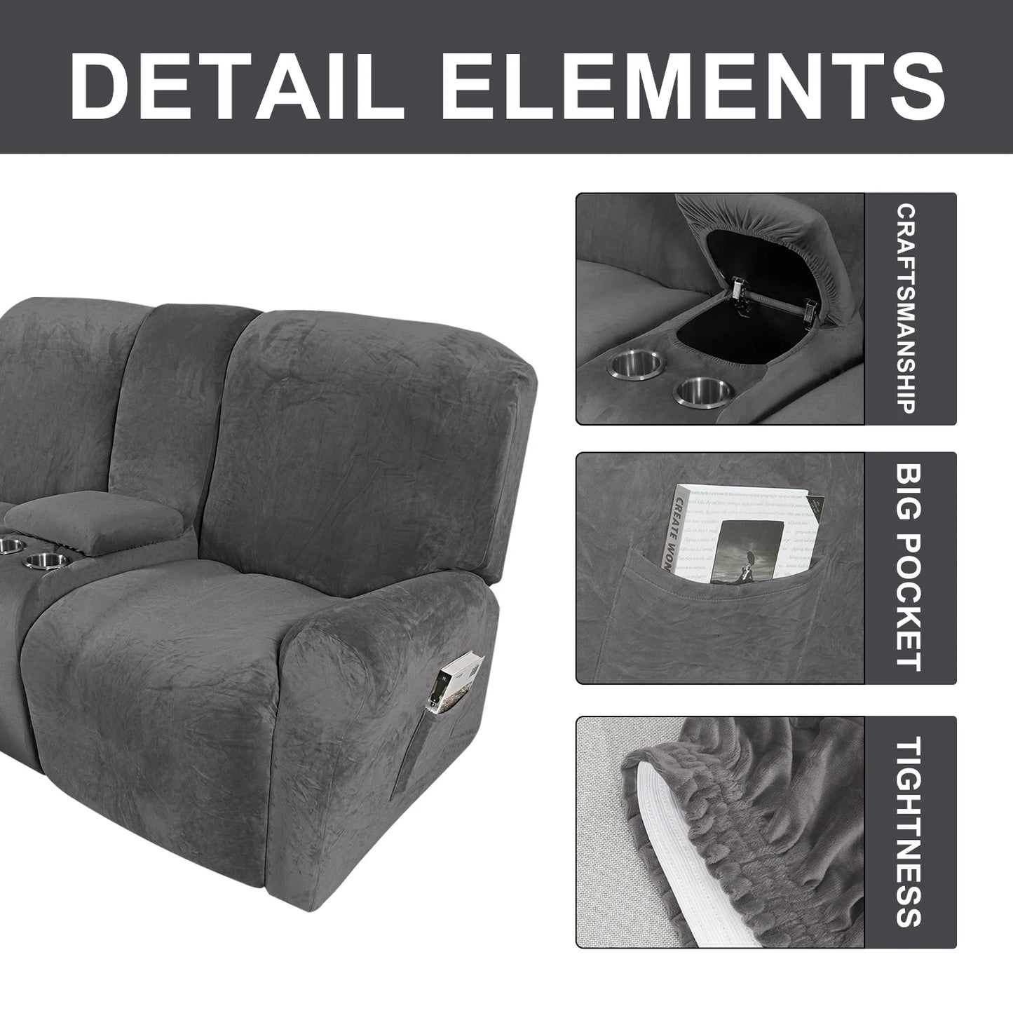 Recliner Loveseat Slipcovers with Cup Holder and Middle Console Cover