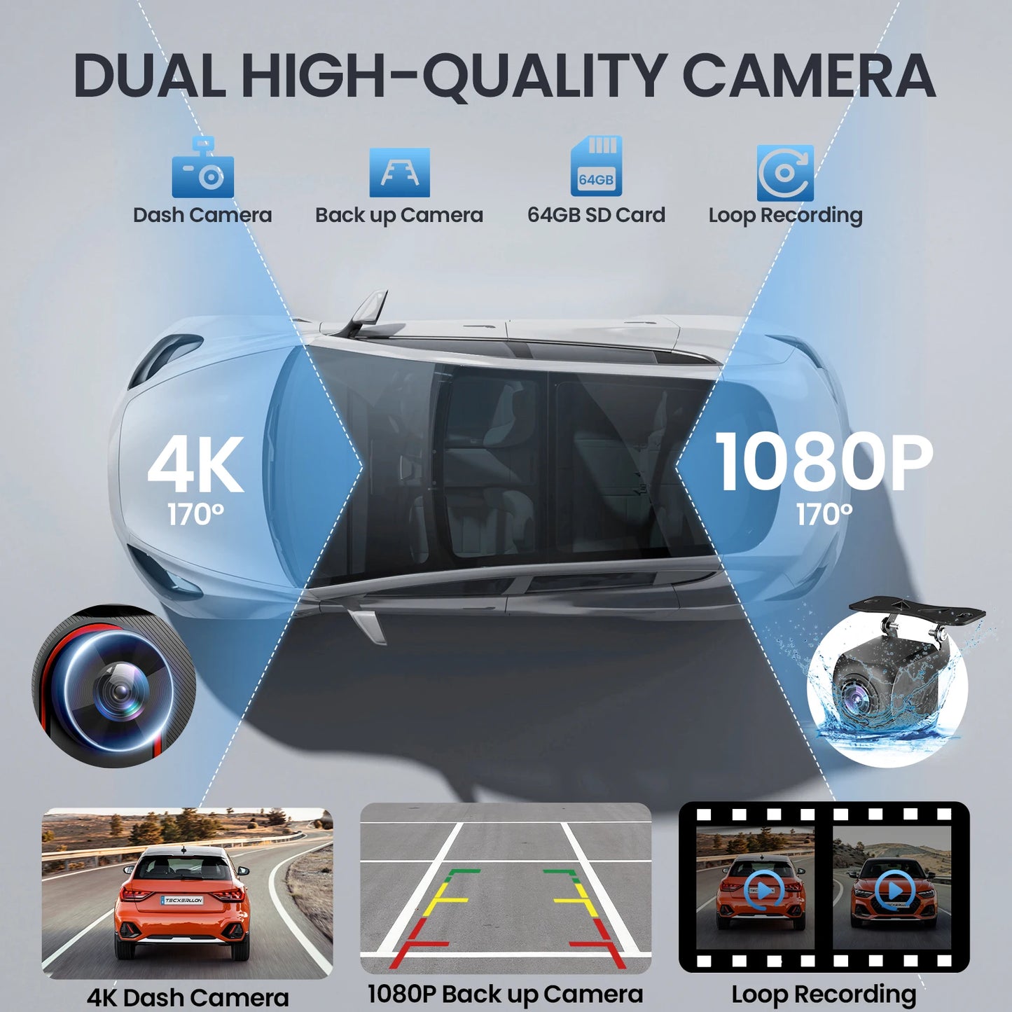 9-inch CarPlay 4K+1080P, 64GB memory