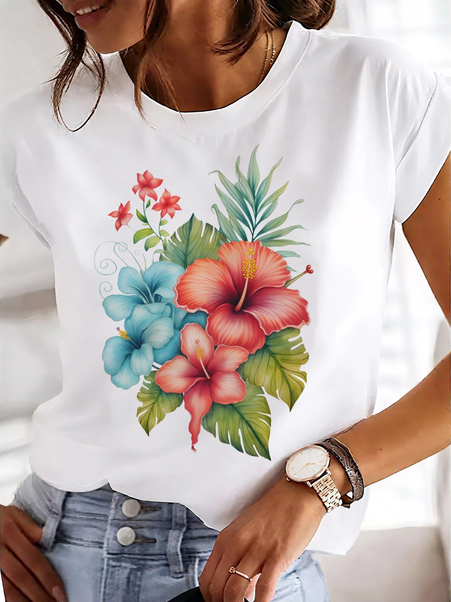Women's Loose Crew Tropical Print