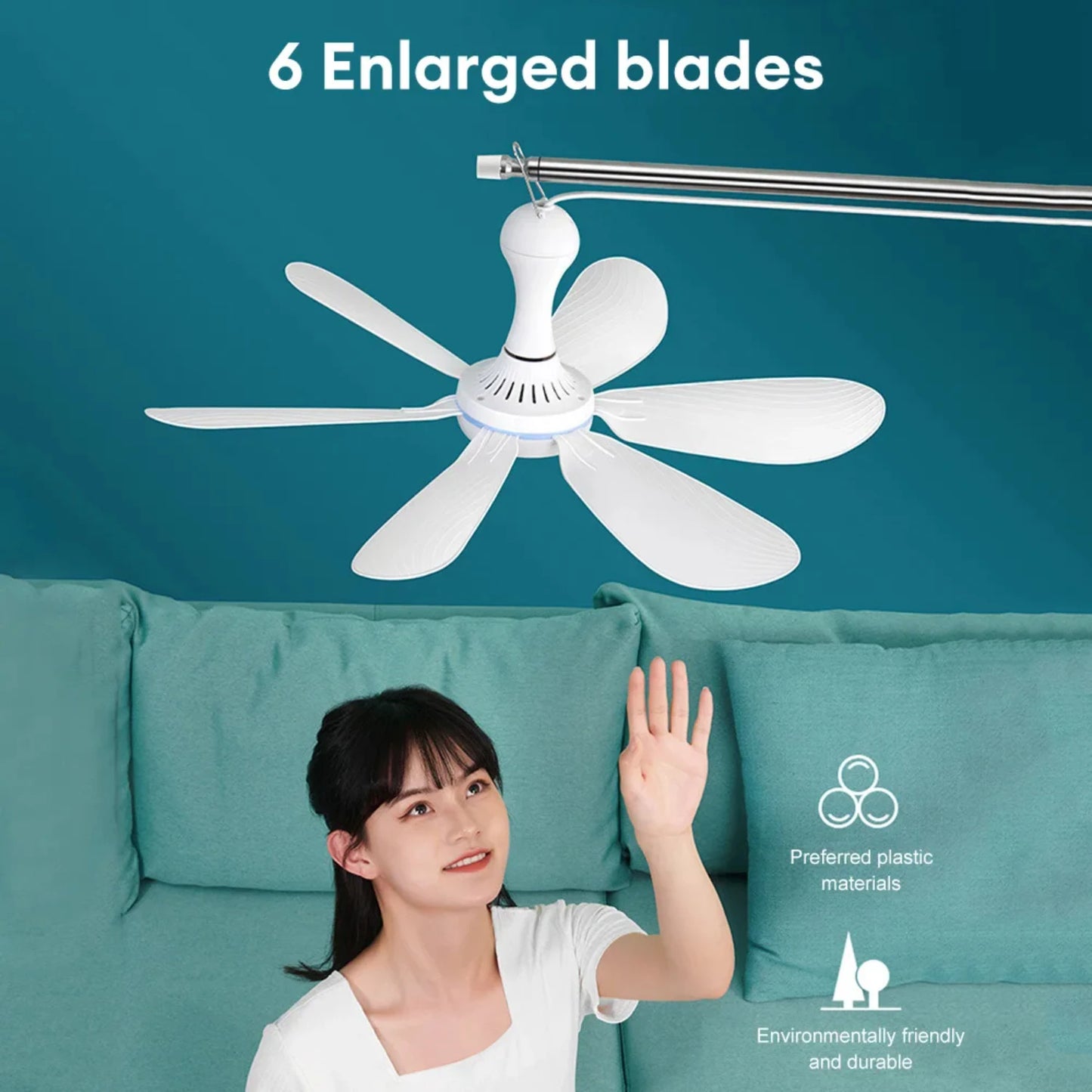 USB Ceiling Fan 6-blade Silent 4-speed with Remote