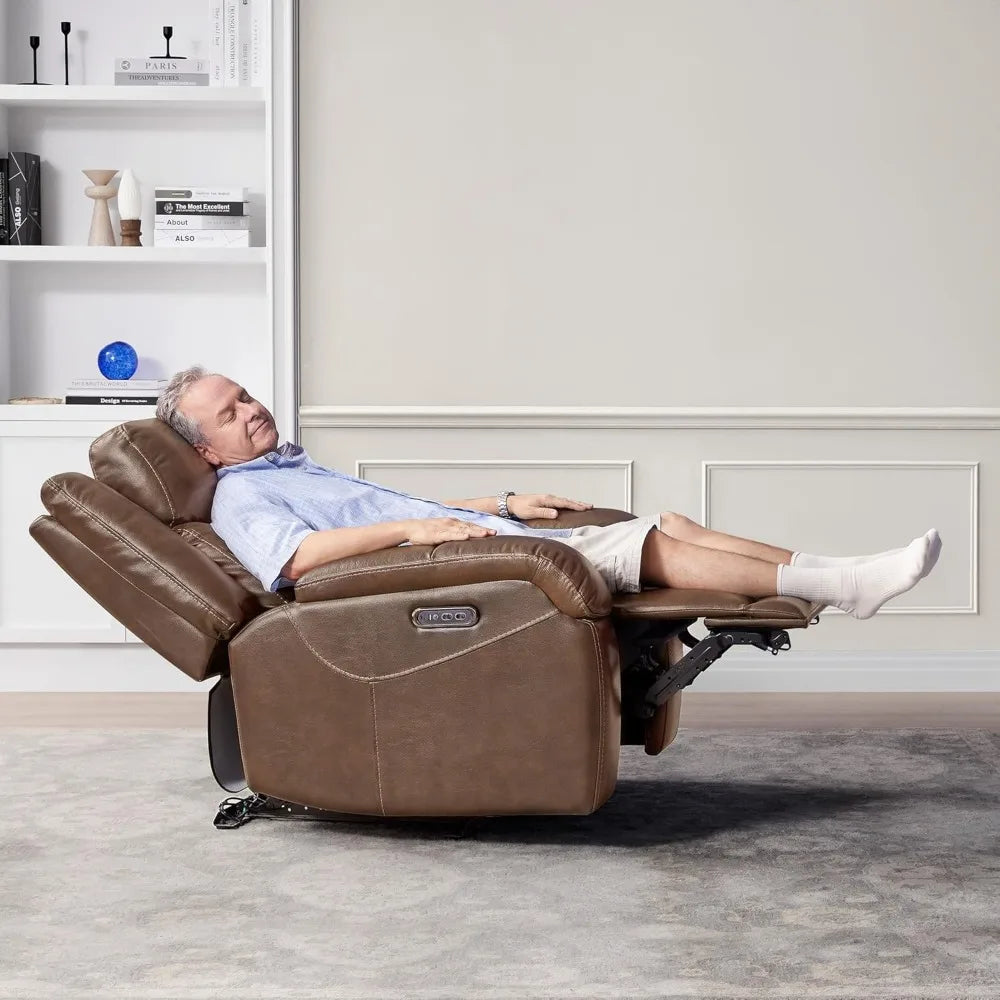 Genuine Leather RV Power Recliner, Wall Hugger, Charging Ports