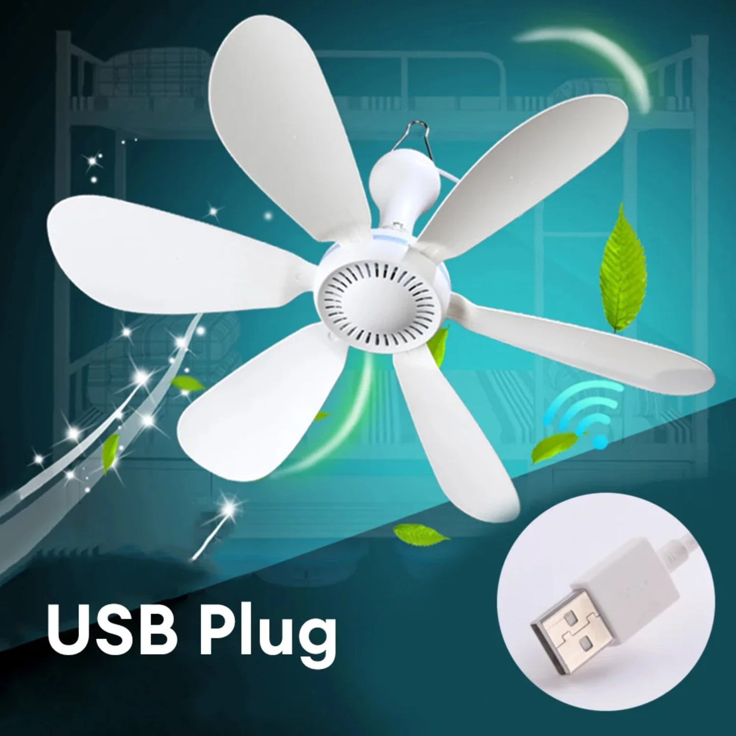 USB Ceiling Fan 6-blade Silent 4-speed with Remote