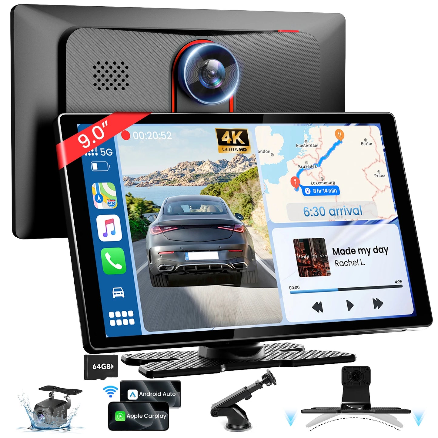9-inch CarPlay 4K+1080P, 64GB memory