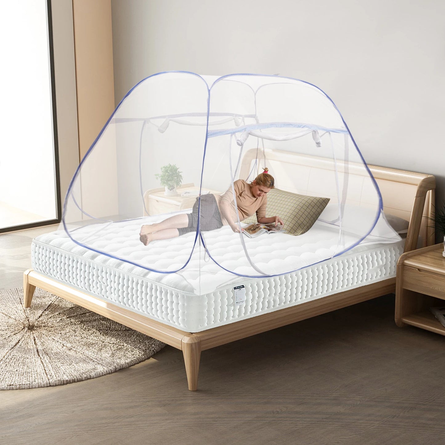 Mosquito Net Blue Bed Canopy 4-square Top Structure Fly Insect Mesh Repellent Protection w/ 3 Doors& 2 Zips Lightweight Bedding