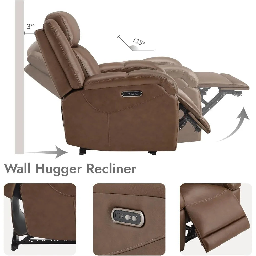Genuine Leather RV Power Recliner, Wall Hugger, Charging Ports
