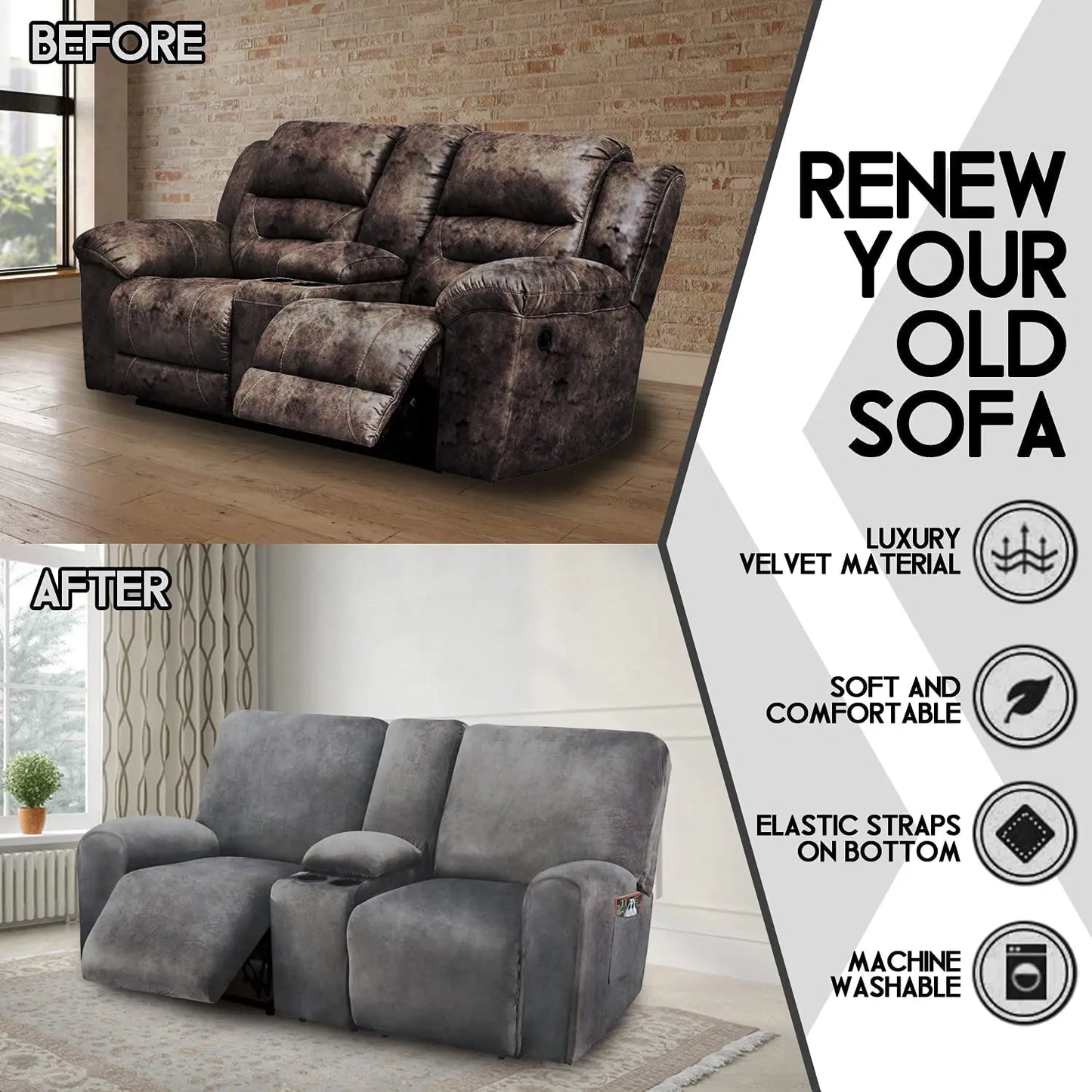 Recliner Loveseat Slipcovers with Cup Holder and Middle Console Cover