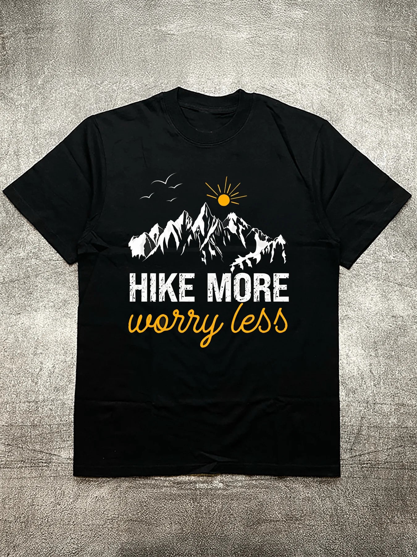 Men's Black Cotton T-Shirt - “Hike More Worry Less”
Heat Transfer Print Short Sleeve
Outdoor Hiking