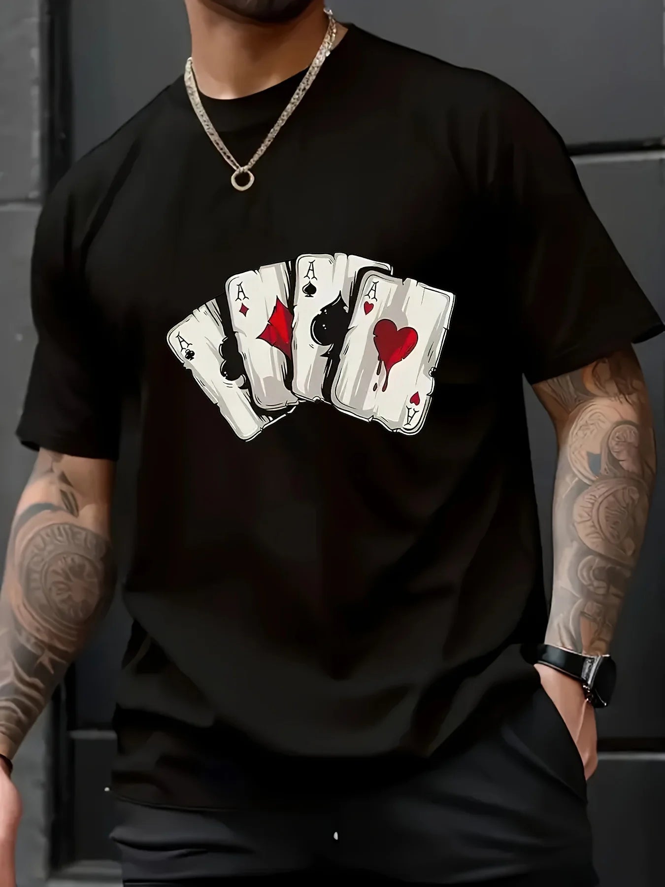 Men's Casual Cotton T-Shirt with Playing Cards