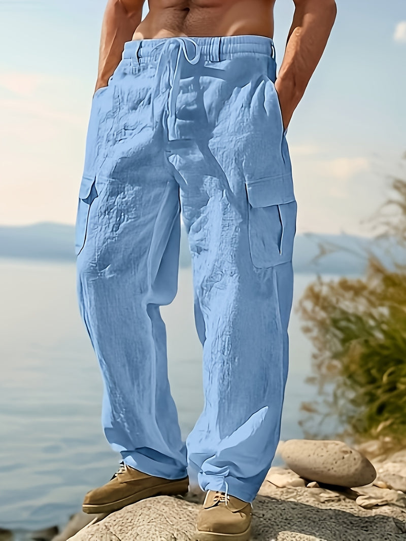 Men's Casual Linen Cargo Pants with Multiple Pockets