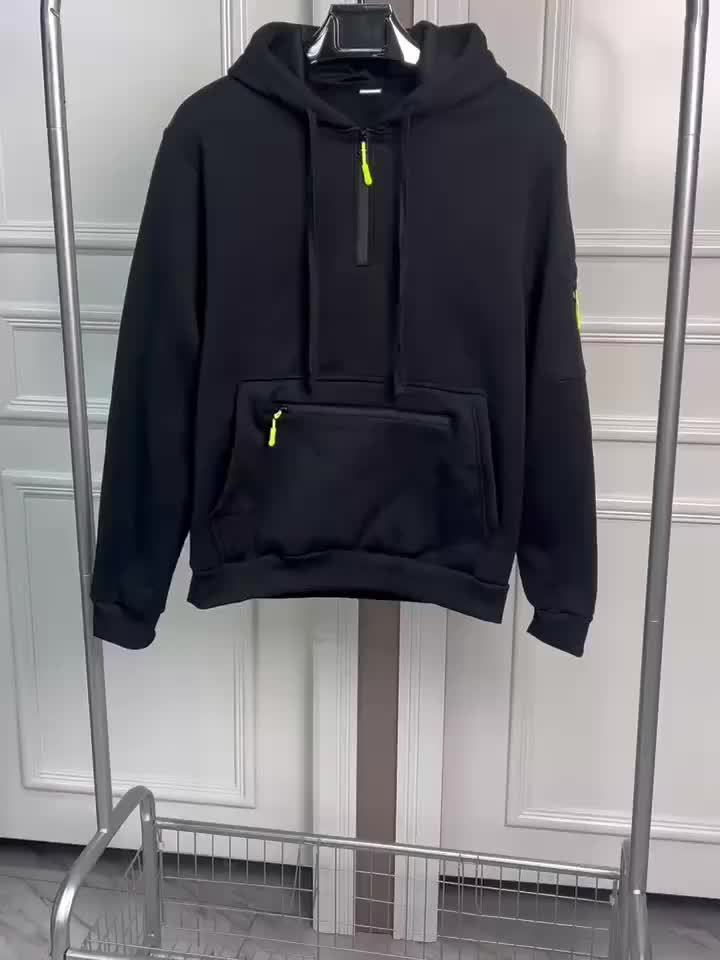 Men's Casual Black Hoodie with Multiple Zipper Pockets