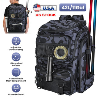 42L/11Gal Large Capacity Fishing Backpack Tackle Storage with Rod Holders 16-Pocket