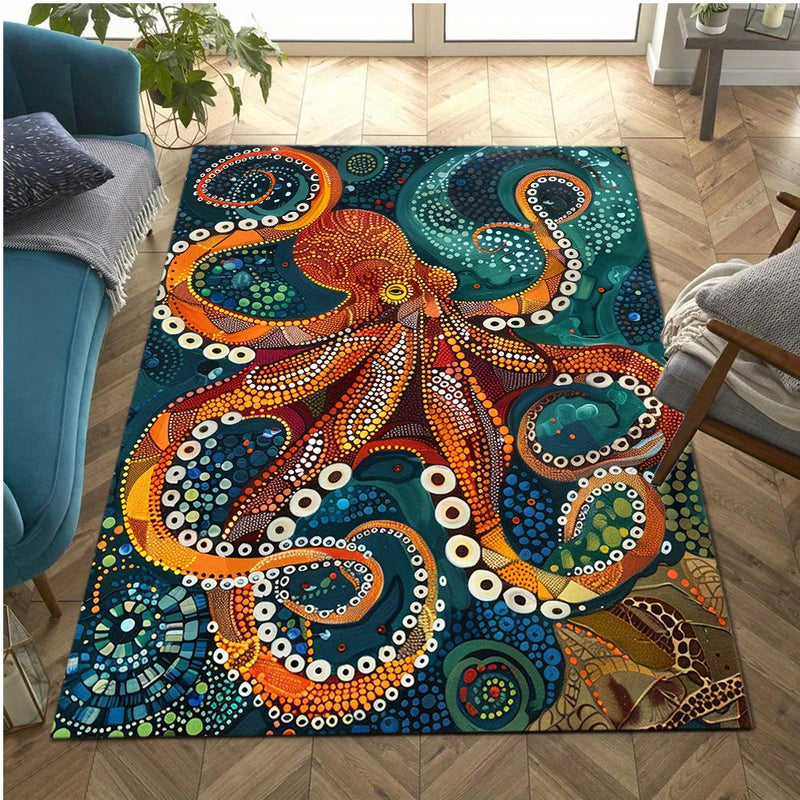 Non-Slip, Fade-Resistant Vintage Octopus Design Area Rug