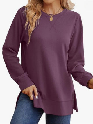 Women's Casual Crew-Neck Long-Sleeve T-Shirt With Side Slits