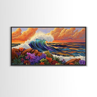 Boho Coastal Wave with Sunset Flowers, Framed Canvas Print