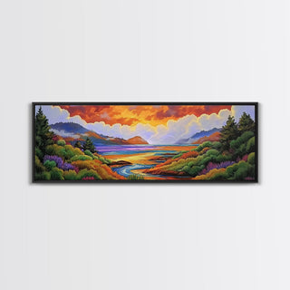 Sunset Lake Scene, Mountain View Art, Framed Canvas Print