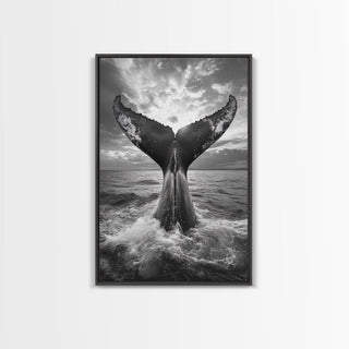Whale Tail Splash, Ocean Sunset, Framed Canvas Print