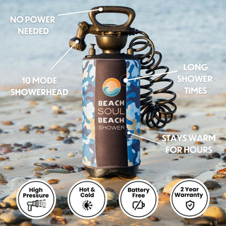 Beach Soul 2.1-gallon portable shower with manual pump and coiled hose