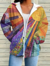 Women's Boho Multicolor Sun Art Patchwork Print Zip-Up Hooded Jacket