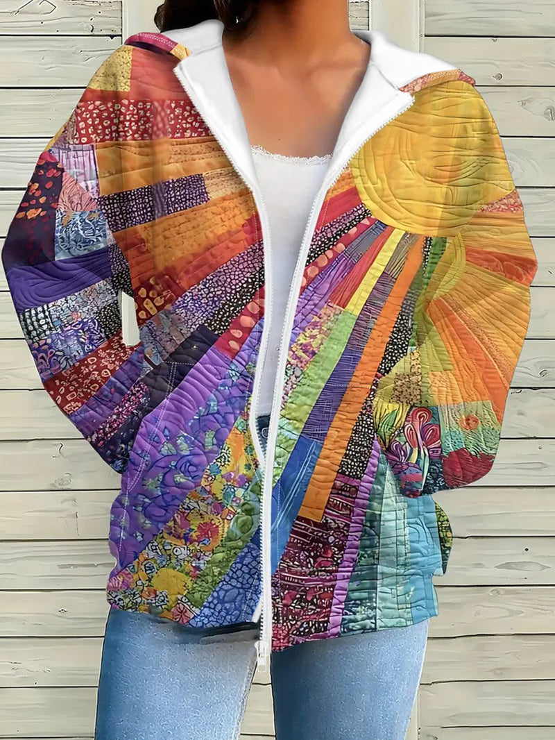 Women's Boho Multicolor Sun Art Patchwork Print Zip-Up Hooded Jacket