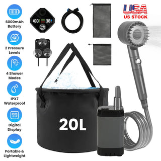 Outdoor portable shower with rechargeable pump and collapsible water bucket