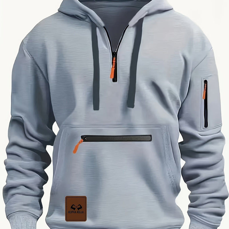 Men's Casual Black Hoodie with Multiple Zipper Pockets