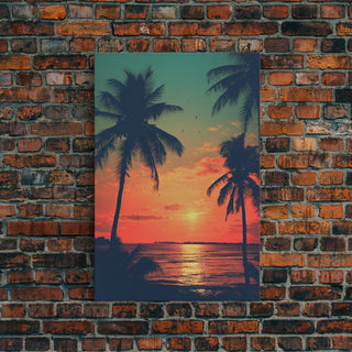 Tropical Sunset Beach, Palm Tree Art, Canvas Print