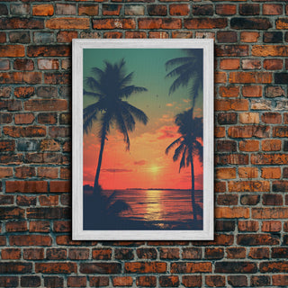 Tropical Sunset Beach, Palm Tree Art, Canvas Print