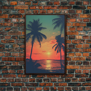 Tropical Sunset Beach, Palm Tree Art, Canvas Print