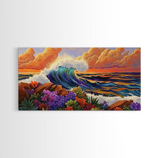 Boho Coastal Wave with Sunset Flowers, Framed Canvas Print