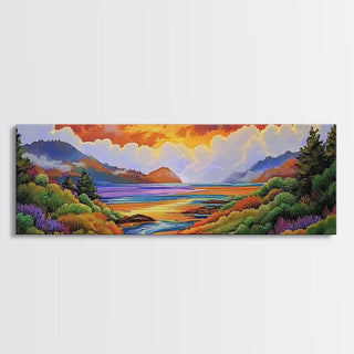 Sunset Lake Scene, Mountain View Art, Framed Canvas Print