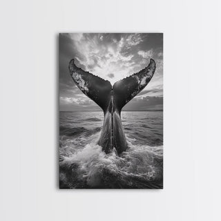 Whale Tail Splash, Ocean Sunset, Framed Canvas Print