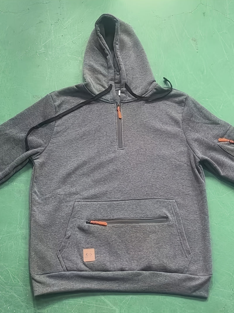 Men's Casual Black Hoodie with Multiple Zipper Pockets