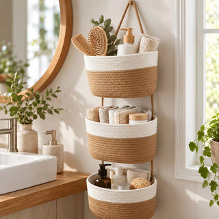 3-Tier Boho Hanging Woven Rope Basket Organizer – Neutral Wall-Mounted Storage Baskets for Bathroom, Nursery, Kitchen &amp; Bedroom