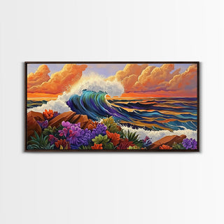 Boho Coastal Wave with Sunset Flowers, Framed Canvas Print