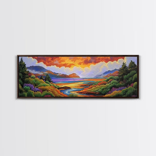 Sunset Lake Scene, Mountain View Art, Framed Canvas Print