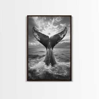 Whale Tail Splash, Ocean Sunset, Framed Canvas Print