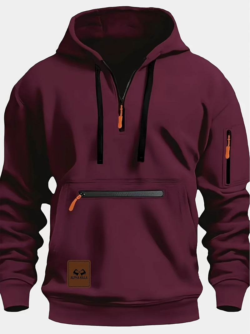Men's Casual Black Hoodie with Multiple Zipper Pockets