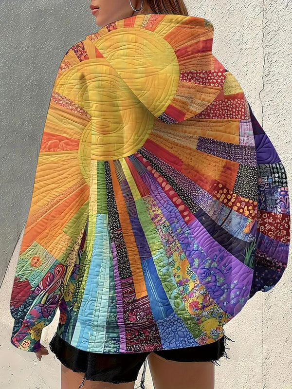 Women's Boho Multicolor Sun Art Patchwork Print Zip-Up Hooded Jacket