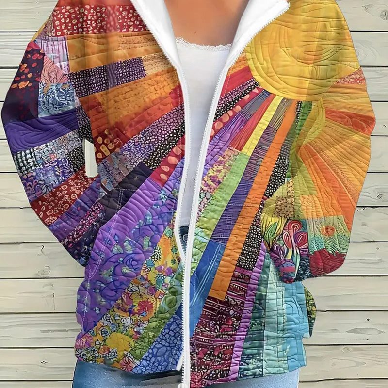 Women's Boho Multicolor Sun Art Patchwork Print Zip-Up Hooded Jacket