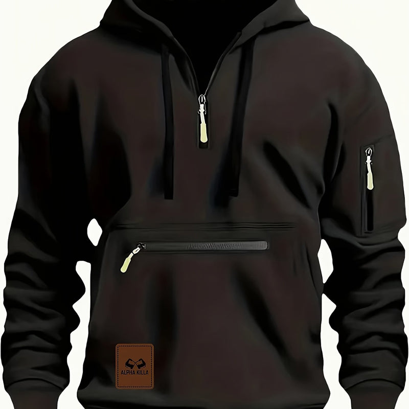Men's Casual Black Hoodie with Multiple Zipper Pockets