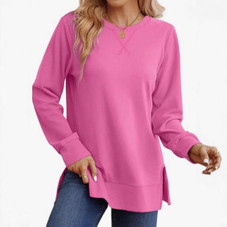 Women's Casual Crew-Neck Long-Sleeve T-Shirt With Side Slits