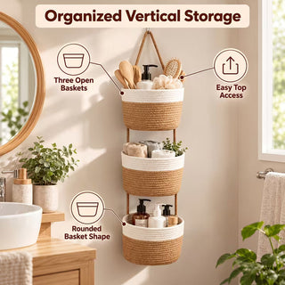 3-Tier Boho Hanging Woven Rope Basket Organizer – Neutral Wall-Mounted Storage Baskets for Bathroom, Nursery, Kitchen &amp; Bedroom