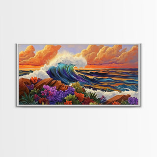 Boho Coastal Wave with Sunset Flowers, Framed Canvas Print