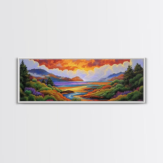 Sunset Lake Scene, Mountain View Art, Framed Canvas Print