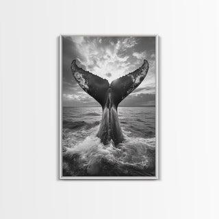 Whale Tail Splash, Ocean Sunset, Framed Canvas Print