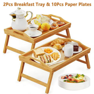 2-Pack Bamboo Breakfast Bed Trays with Folding Legs & Handles